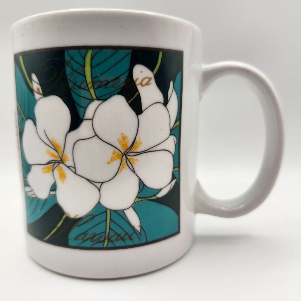 Hawaii Hawaiian Plumeria Floral Coffee Mug White Ceramic 12oz